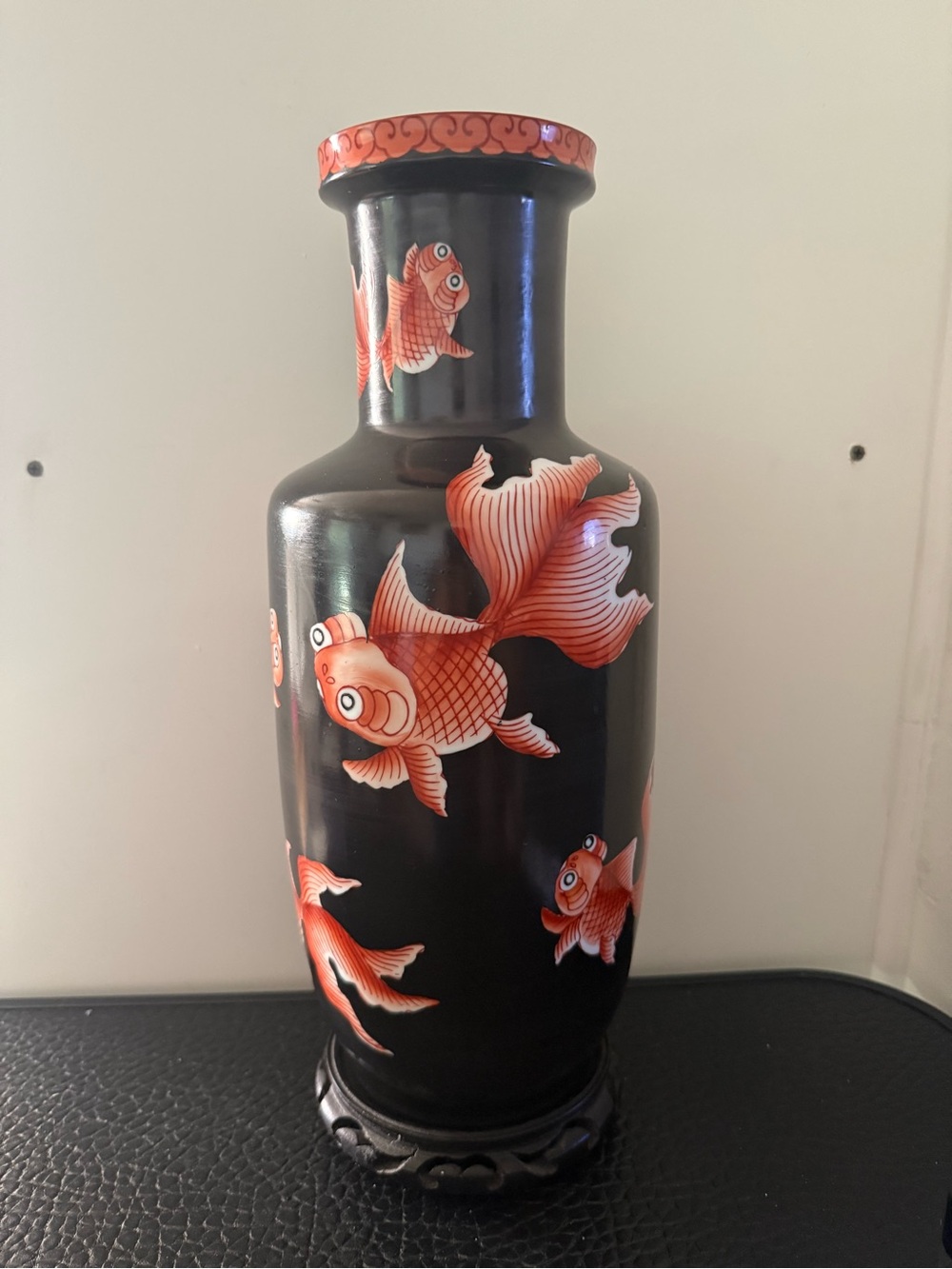 Black Ceramic Vase with Orange Goldfish Motif